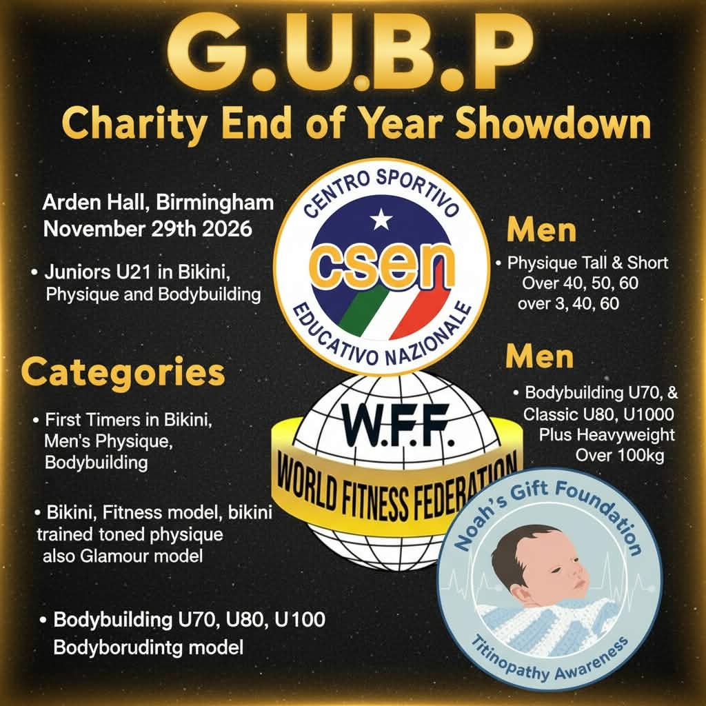 G.U.B.P Charity End of Year Showdown category list: juniors U21, first timers, bikini, fitness model, men's physique, bodybuilding U70, U80, U100 and heavyweight over 100kg.